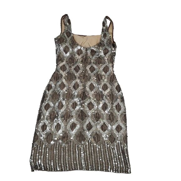 Scala Silk Sequin Beaded Cocktail Dress 2 Silver sheath Lined Sleeveless formal - Picture 15 of 16